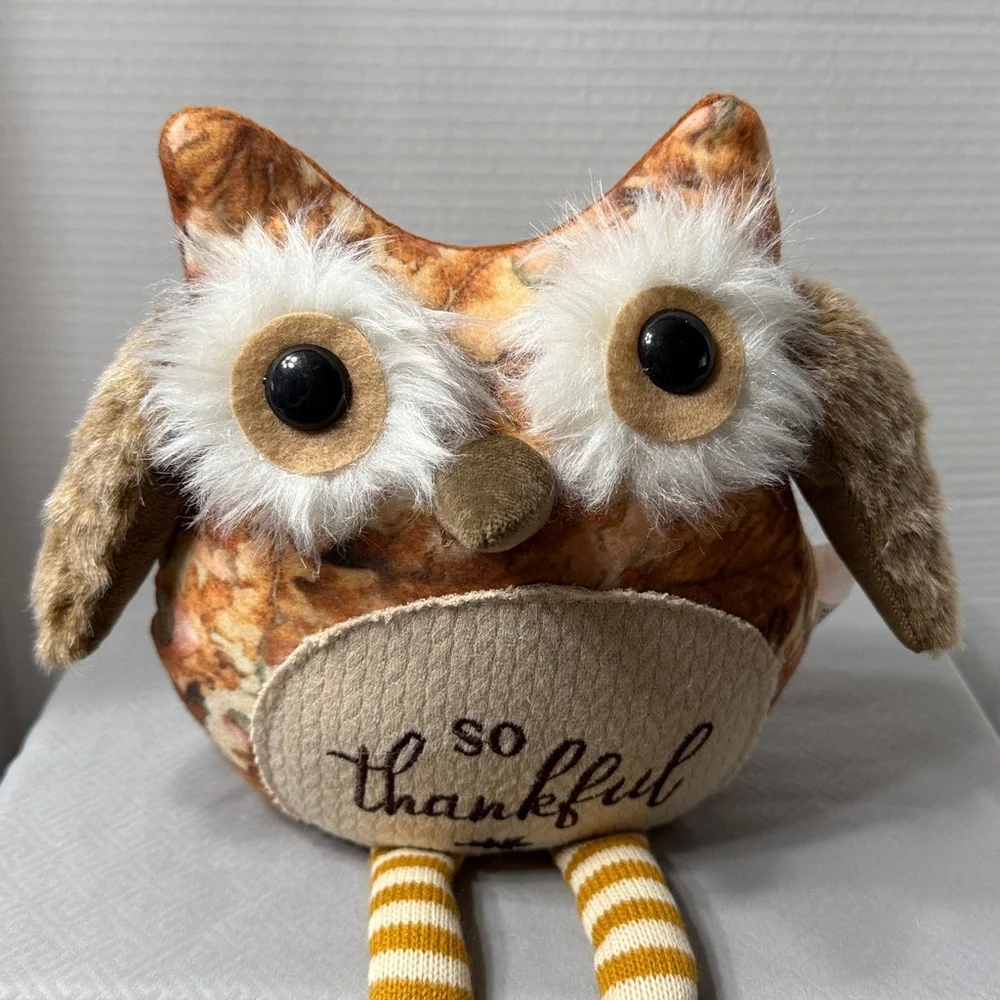 So Thankful Owl Plush Shelf Sitter with Striped Legs Big Eyes Furry Fall Colors